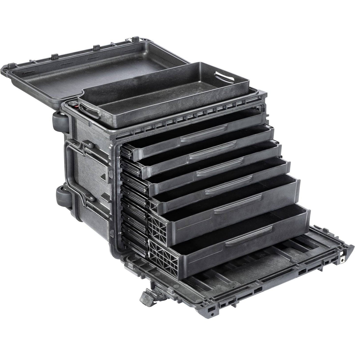 The 0450 Protector Mobile Tool Chest is a black hard-shell case with a lid that opens to reveal removable drawers and compartments for organized tool storage and transport.