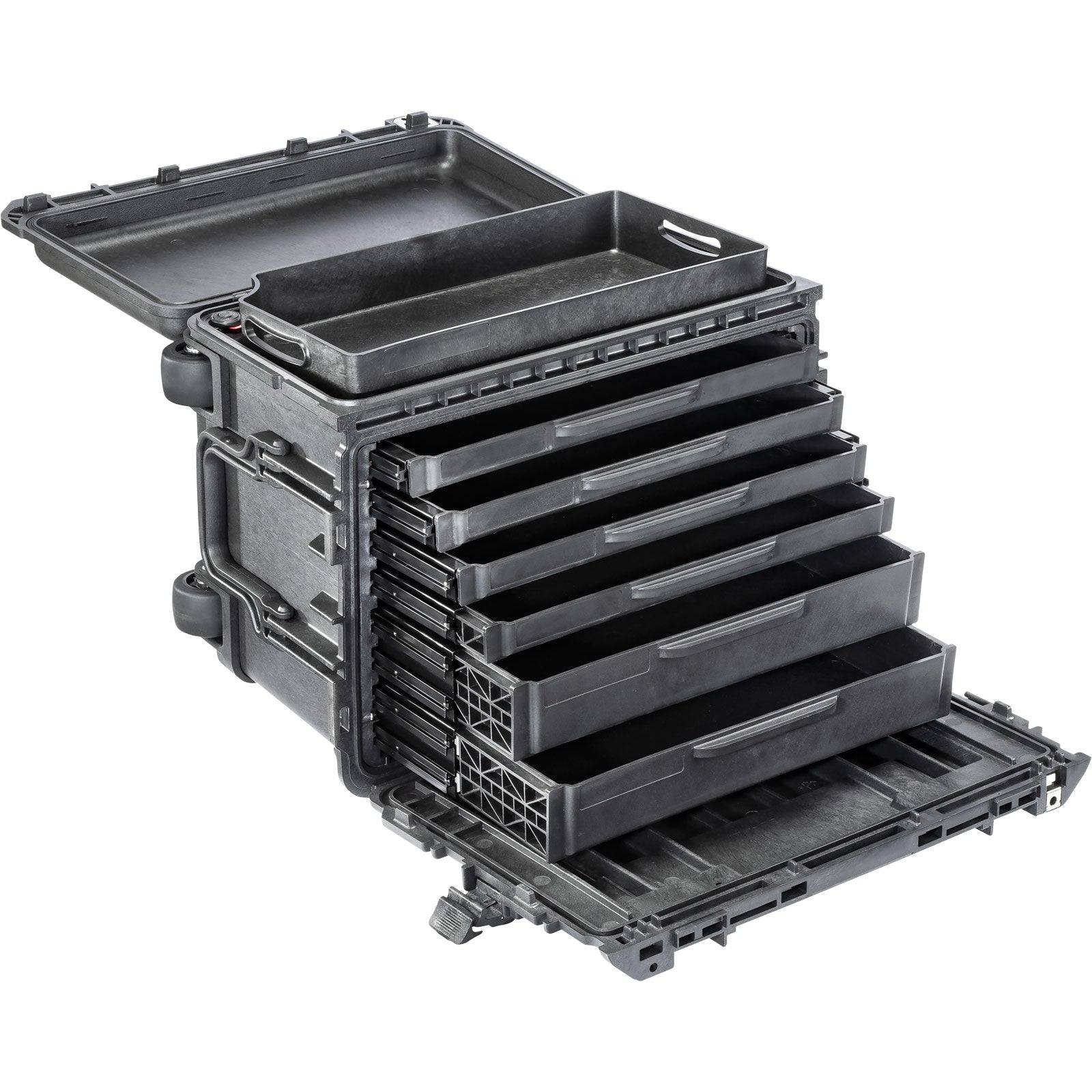 The 0450 Protector Mobile Tool Chest is a black hard-shell case with a lid that opens to reveal removable drawers and compartments for organized tool storage and transport.