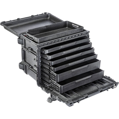 The 0450 Protector Mobile Tool Chest is a black hard-shell case with a lid that opens to reveal removable drawers and compartments for organized tool storage and transport.