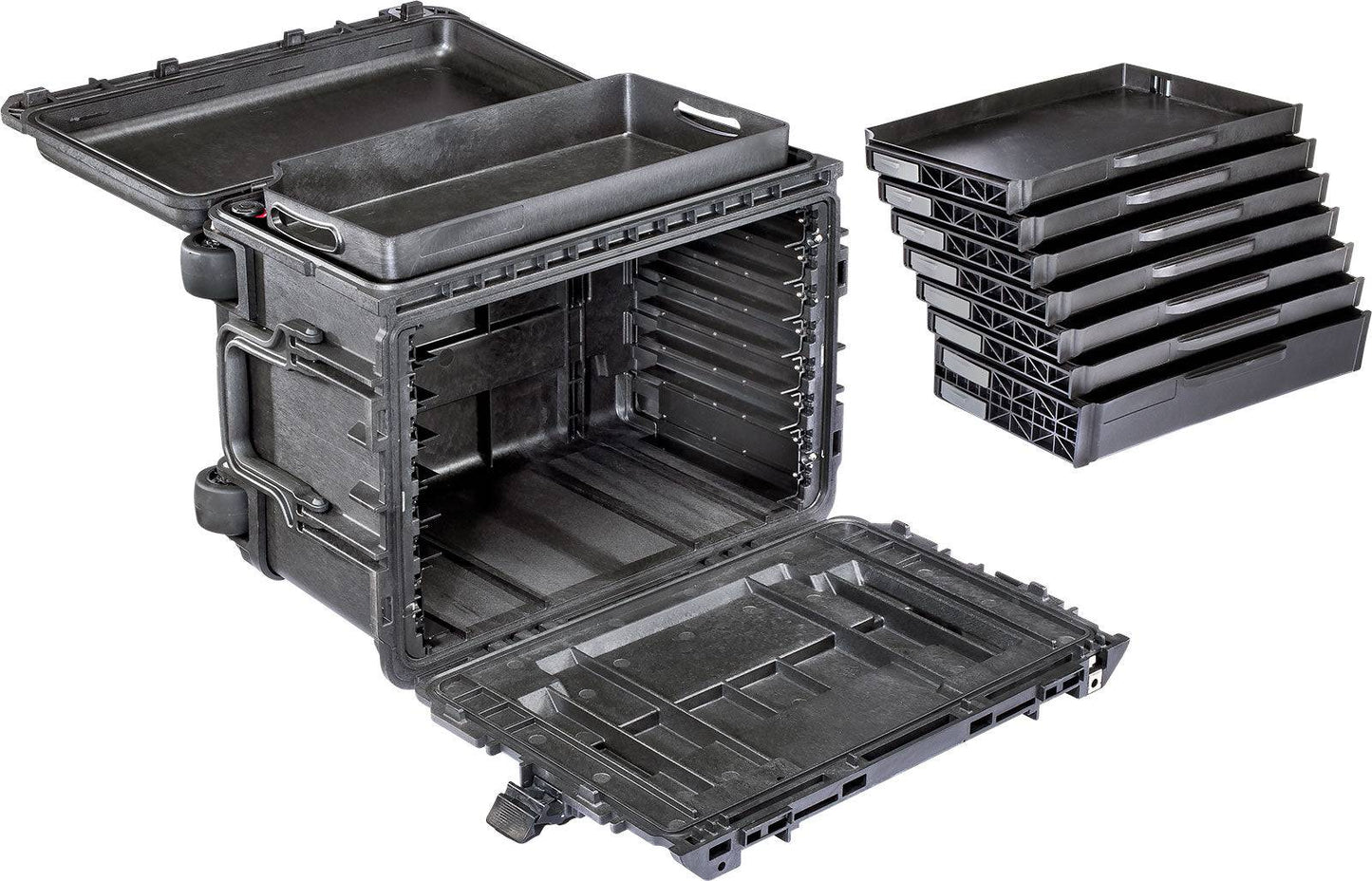 The 0450 Protector Mobile Tool Chest, shown in black with front and top lids open and six removable drawers alongside it, features an aluminum rail slide system for smooth drawer access.