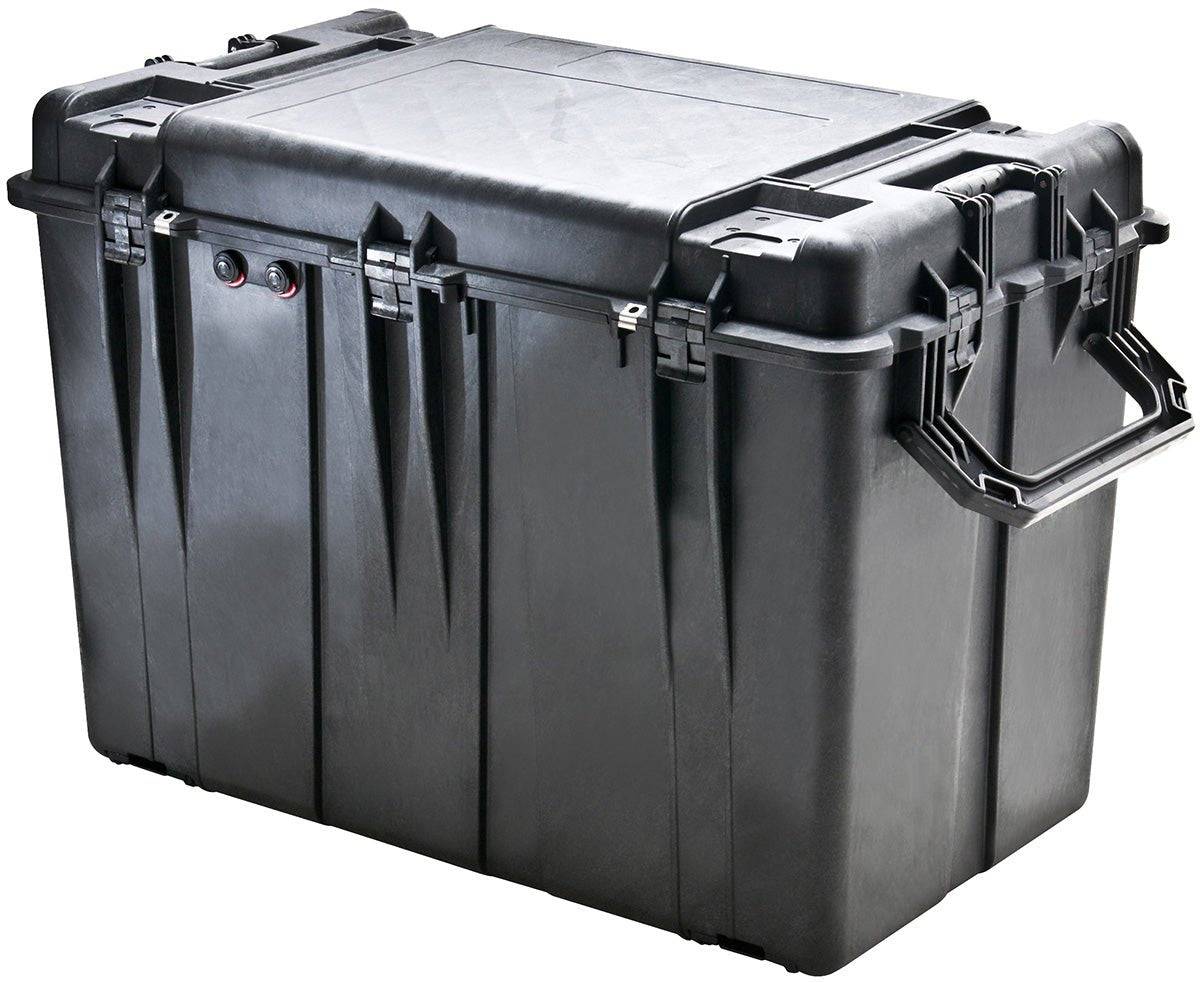 The 0500 Protector Transport Case is a large, black, hard plastic crushproof case with reinforced corners, latches, and a side handle for heavy-duty protection and transport.