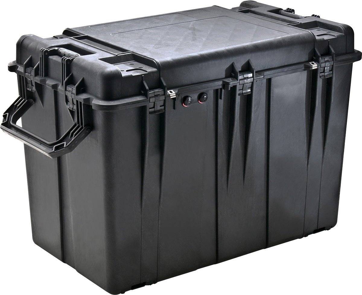 The 0500 Protector Transport Case is a large, black PELI case with reinforced corners, secure latches, and a side handle, designed to be crushproof for safe storage and transport.