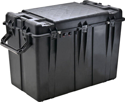 The 0500 Protector Transport Case is a large, black PELI case with reinforced corners, secure latches, and a side handle, designed to be crushproof for safe storage and transport.