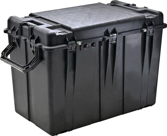 The 0500 Protector Transport Case is a large, black PELI case with reinforced corners, secure latches, and a side handle, designed to be crushproof for safe storage and transport.