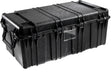 The 0550 Protector Transport Case is a large, black, hard plastic waterproof storage case featuring reinforced edges, side handles, secure latches, and a transparent label holder on the front.