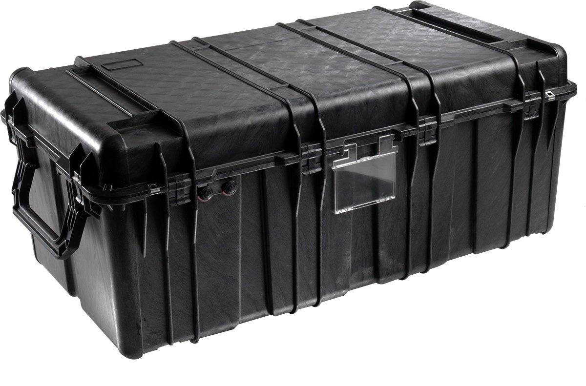 The 0550 Protector Transport Case is a large, black, hard plastic waterproof storage case featuring reinforced edges, side handles, secure latches, and a transparent label holder on the front.