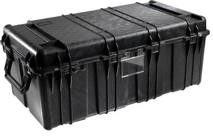 The 0550 Protector Transport Case is a large, black, hard plastic waterproof storage case featuring reinforced edges, side handles, secure latches, and a transparent label holder on the front.