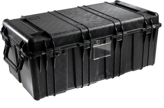 The 0550 Protector Transport Case is a large, black, hard plastic waterproof storage case featuring reinforced edges, side handles, secure latches, and a transparent label holder on the front.