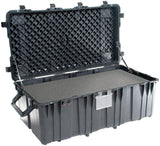 The 0550 Protector Transport Case features a black hard plastic build, waterproof design, open lid, foam interior, metal side handles, and front label holder—perfect for storing heavy equipment or as a military pallet case.