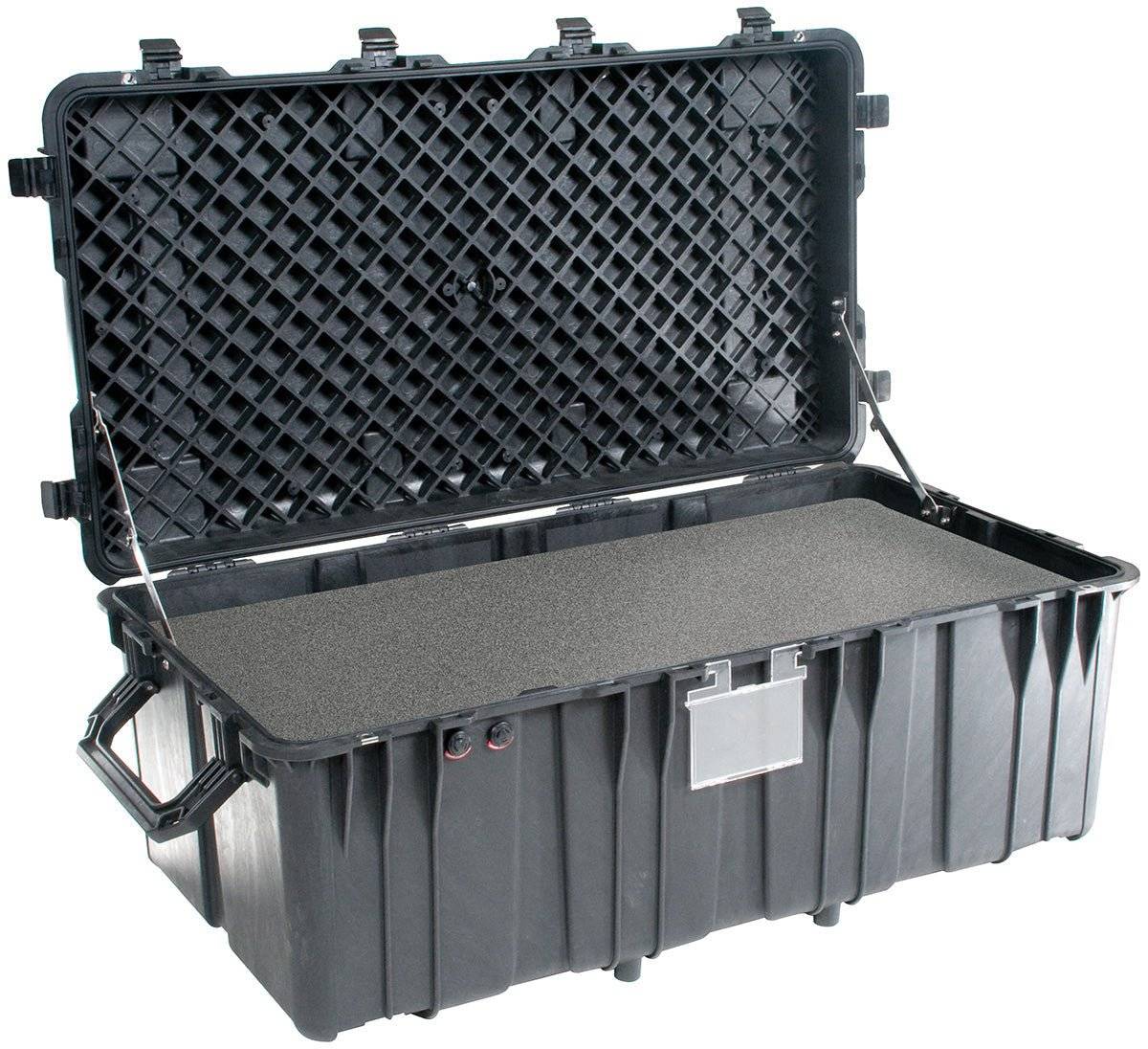 The 0550 Protector Transport Case features a black hard plastic build, waterproof design, open lid, foam interior, metal side handles, and front label holder—perfect for storing heavy equipment or as a military pallet case.