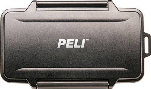 The 0915 PELI Micro™ Memory Card Case is shown closed in black, featuring a white PELI logo on the lid—perfect as a waterproof case to keep your SD cards safe and secure.