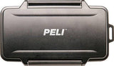 The 0915 PELI Micro™ Memory Card Case is shown closed in black, featuring a white PELI logo on the lid—perfect as a waterproof case to keep your SD cards safe and secure.