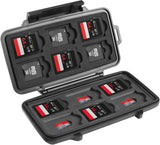 The 0915 PELI Micro™ Memory Card Case is a black, waterproof case that securely holds eight 64GB SD cards and four microSD cards in foam slots.