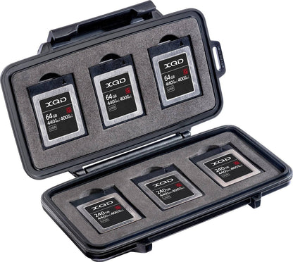 The 0965 PELI Micro™ Memory Card Case is a shock-absorbing, water-resistant CFexpress/XQD case that holds five XQD cards—three 64GB and two 240GB—each with 440MB/s read and 400MB/s write speeds.
