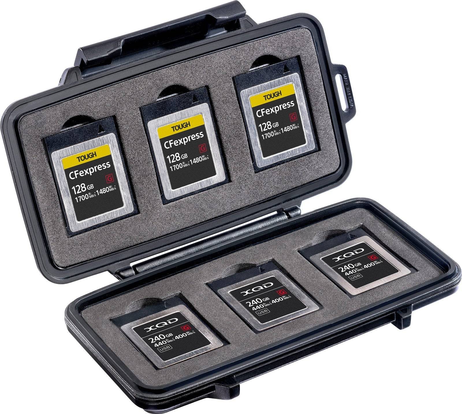 The 0965 PELI Micro™ Memory Card Case in black is water resistant and features shock-absorbing foam slots for four Sony CFexpress Type B and three Sony XQD memory cards.