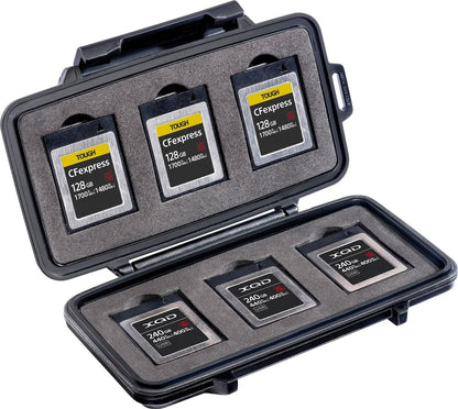 The 0965 PELI Micro™ Memory Card Case in black is water resistant and features shock-absorbing foam slots for four Sony CFexpress Type B and three Sony XQD memory cards.