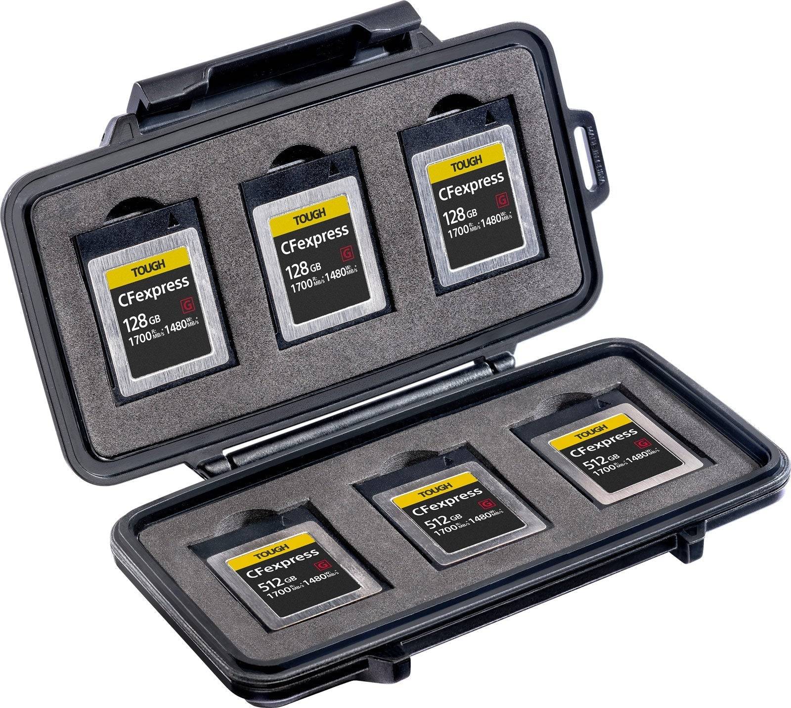 The 0965 PELI Micro™ Memory Card Case is a water-resistant, shock-absorbing case that securely holds four 128GB and four 512GB Sony CFexpress cards in foam slots.