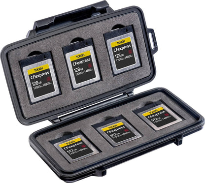 The 0965 PELI Micro™ Memory Card Case is a water-resistant, shock-absorbing case that securely holds four 128GB and four 512GB Sony CFexpress cards in foam slots.