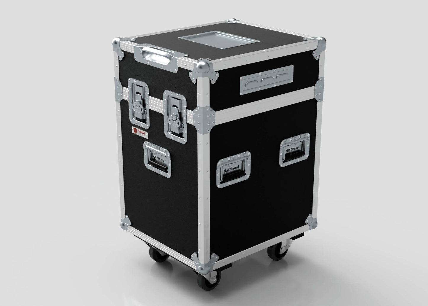The 1 Way Ayrton Rivale Case is a black and silver hard case on wheels with metal reinforced corners, handles, latches, a transparent top window, and external dimensions of 525 x 608 x 912 mm.