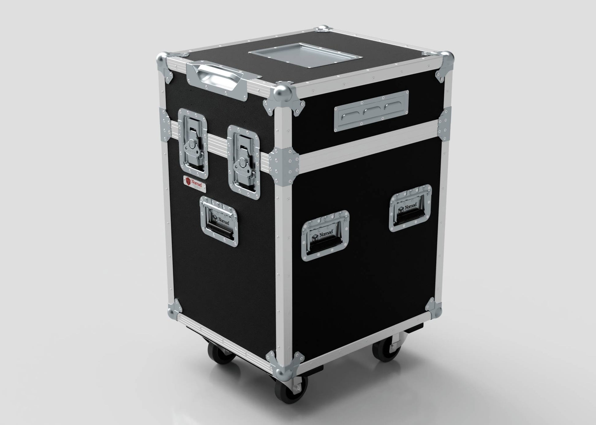 The 1 Way Ayrton Rivale Case is a black and silver hard case on wheels with metal reinforced corners, handles, latches, a transparent top window, and external dimensions of 525 x 608 x 912 mm.