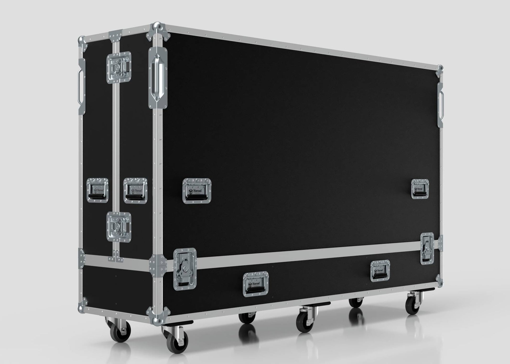 The 100" Single Screen Case, a large black road case with metal edges, handles, latches, and six caster wheels, is shown against a plain light background.