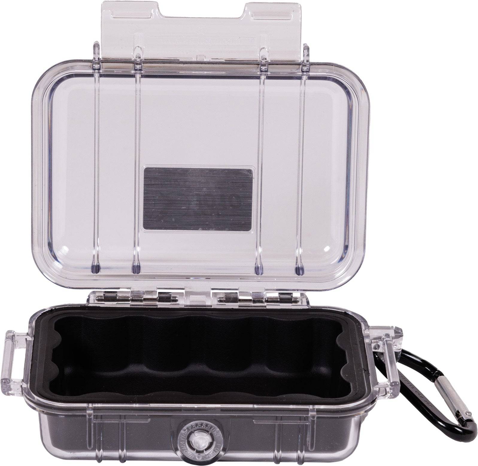 The 1010 PELI Micro™ Case features a transparent plastic body, black foam interior, open lid, latch closure, and an attached black carabiner for secure, dustproof storage.