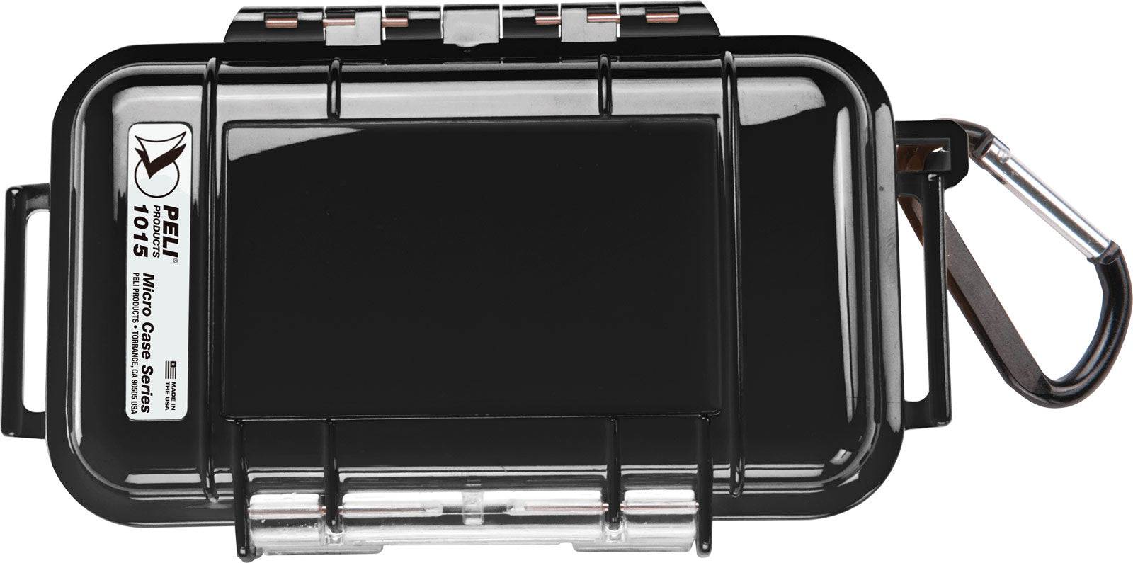 A black 1015 PELI Micro™ Case with a transparent lid, a label on the left side, and a metal carabiner attached to the right.