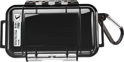 A black 1015 PELI Micro™ Case with a transparent lid, a label on the left side, and a metal carabiner attached to the right.