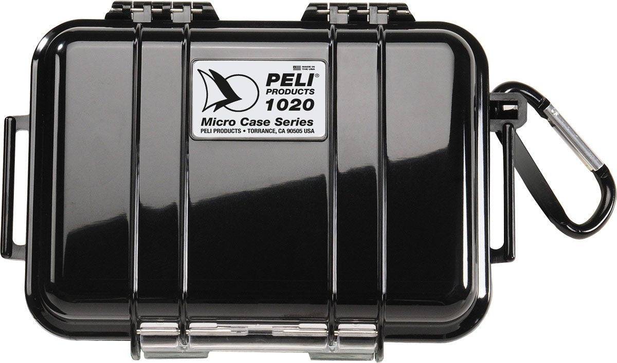 The 1020 PELI Micro™ Case features a black body, transparent lid, secure latch, and a black carabiner. This crushproof case protects your valuables reliably wherever you go.