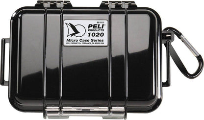The 1020 PELI Micro™ Case features a black body, transparent lid, secure latch, and a black carabiner. This crushproof case protects your valuables reliably wherever you go.