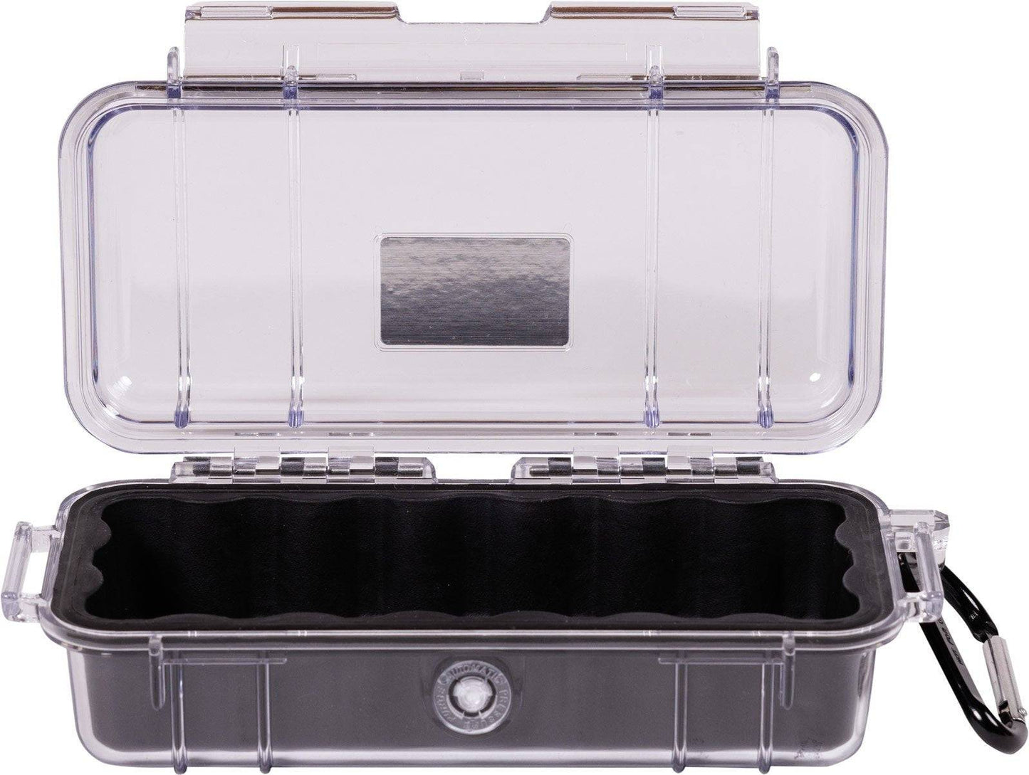The 1030 PELI Micro™ Case is a clear, crushproof case with a hinged lid, foam interior, metal clasp, and black carabiner—ideal for protecting your gear.