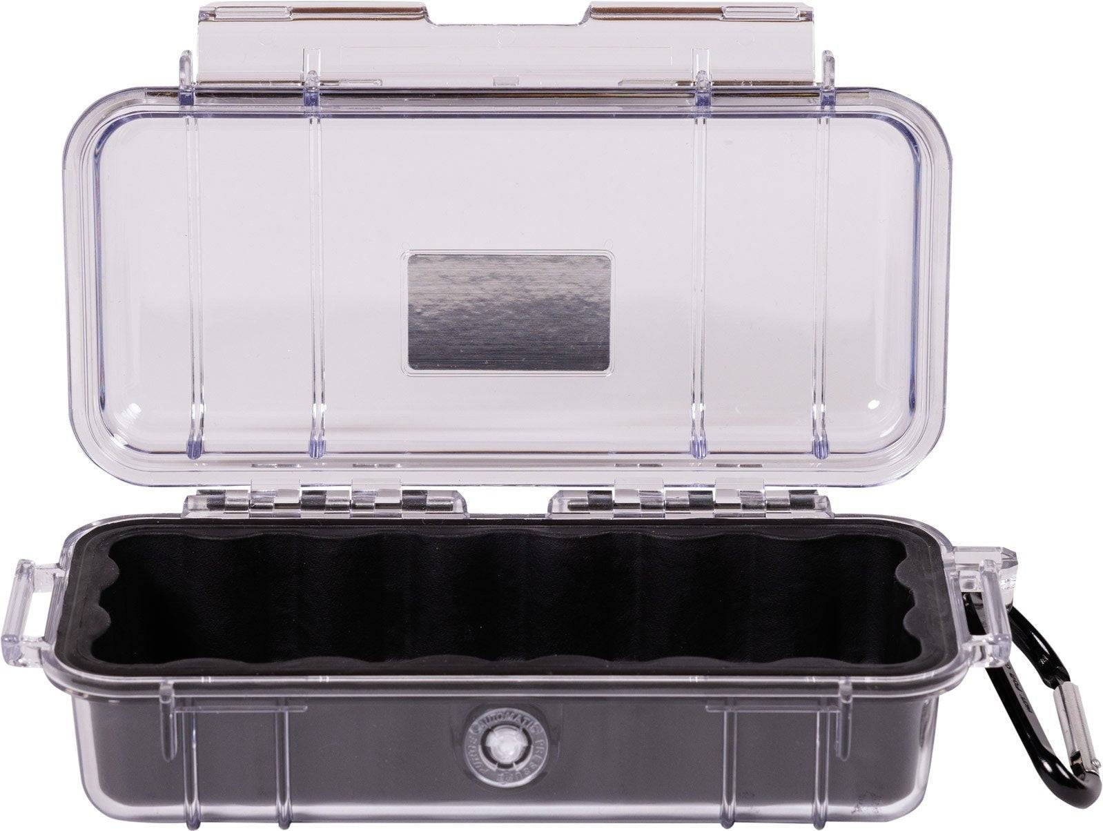 The 1030 PELI Micro™ Case is a clear, crushproof case with a hinged lid, foam interior, metal clasp, and black carabiner—ideal for protecting your gear.