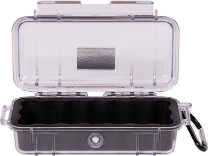 The 1030 PELI Micro™ Case is a clear, crushproof case with a hinged lid, foam interior, metal clasp, and black carabiner—ideal for protecting your gear.