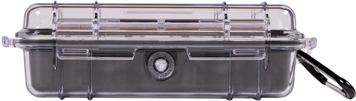 The 1030 PELI Micro™ Case is a clear, hard plastic watertight case with a latch closure and a carabiner on the right side, shown in side view.