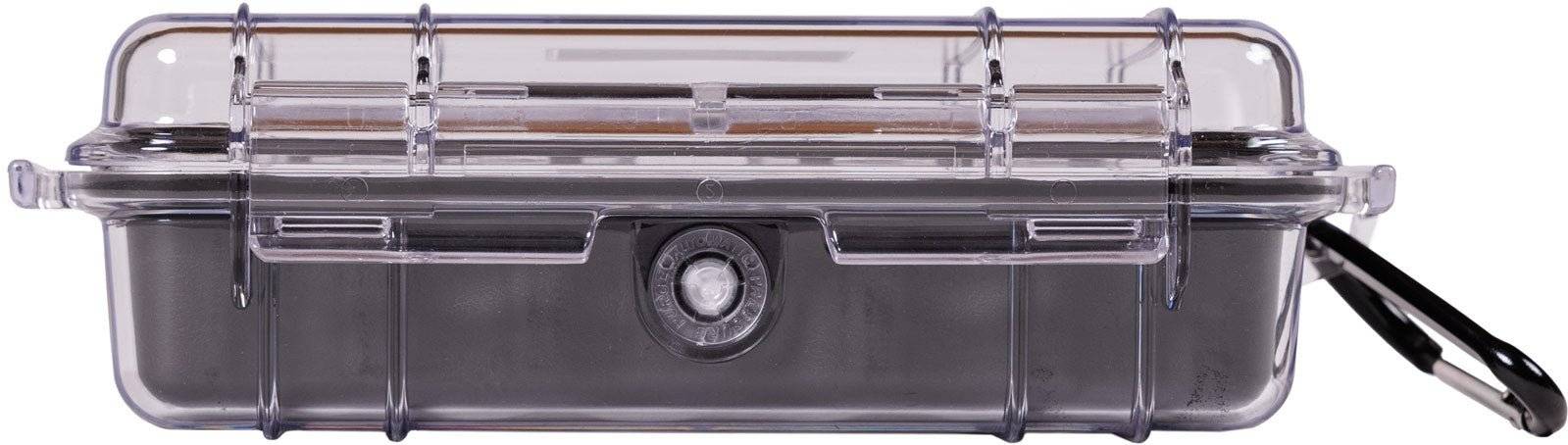 The 1030 PELI Micro™ Case is a clear, hard plastic watertight case with a latch closure and a carabiner on the right side, shown in side view.