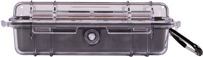 The 1030 PELI Micro™ Case is a clear, hard plastic watertight case with a latch closure and a carabiner on the right side, shown in side view.