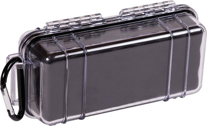 The 1030 PELI Micro™ Case is a clear, crushproof hard case with a hinged lid, watertight seal, and black carabiner—perfect for keeping your essentials protected.