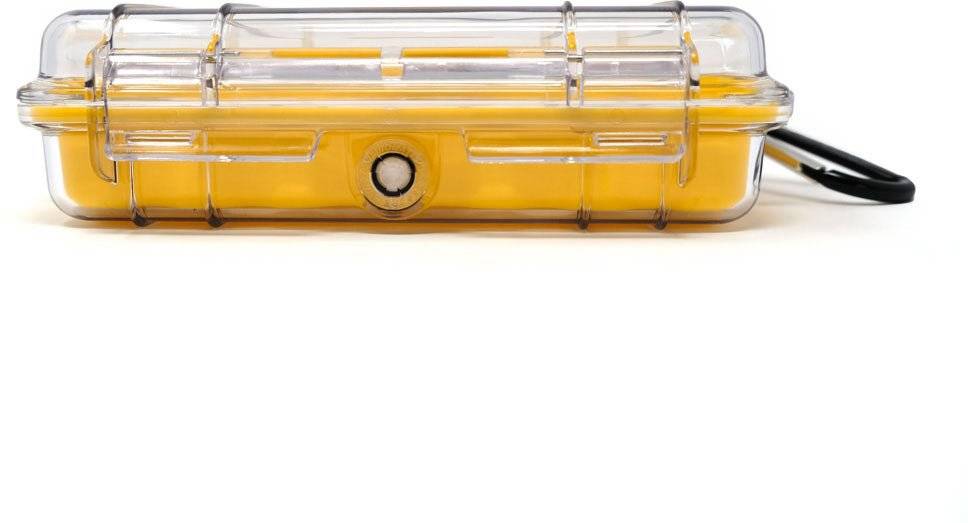 The 1040 PELI Micro™ Case is a transparent, crushproof hard plastic case featuring a yellow base, central latch, and attached black carabiner, shown against a white background.