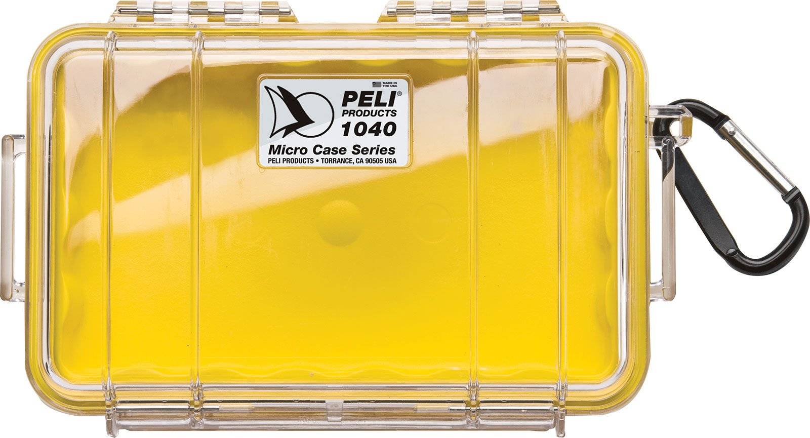 A yellow 1040 PELI Micro™ Case with a clear lid and black carabiner attached to the side, dustproof design.