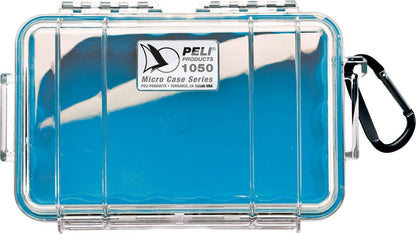 The 1050 PELI Micro™ Case features a clear plastic lid, blue base, black carabiner, and secure latches; this watertight, crushproof case is expertly designed to protect your small valuables.
