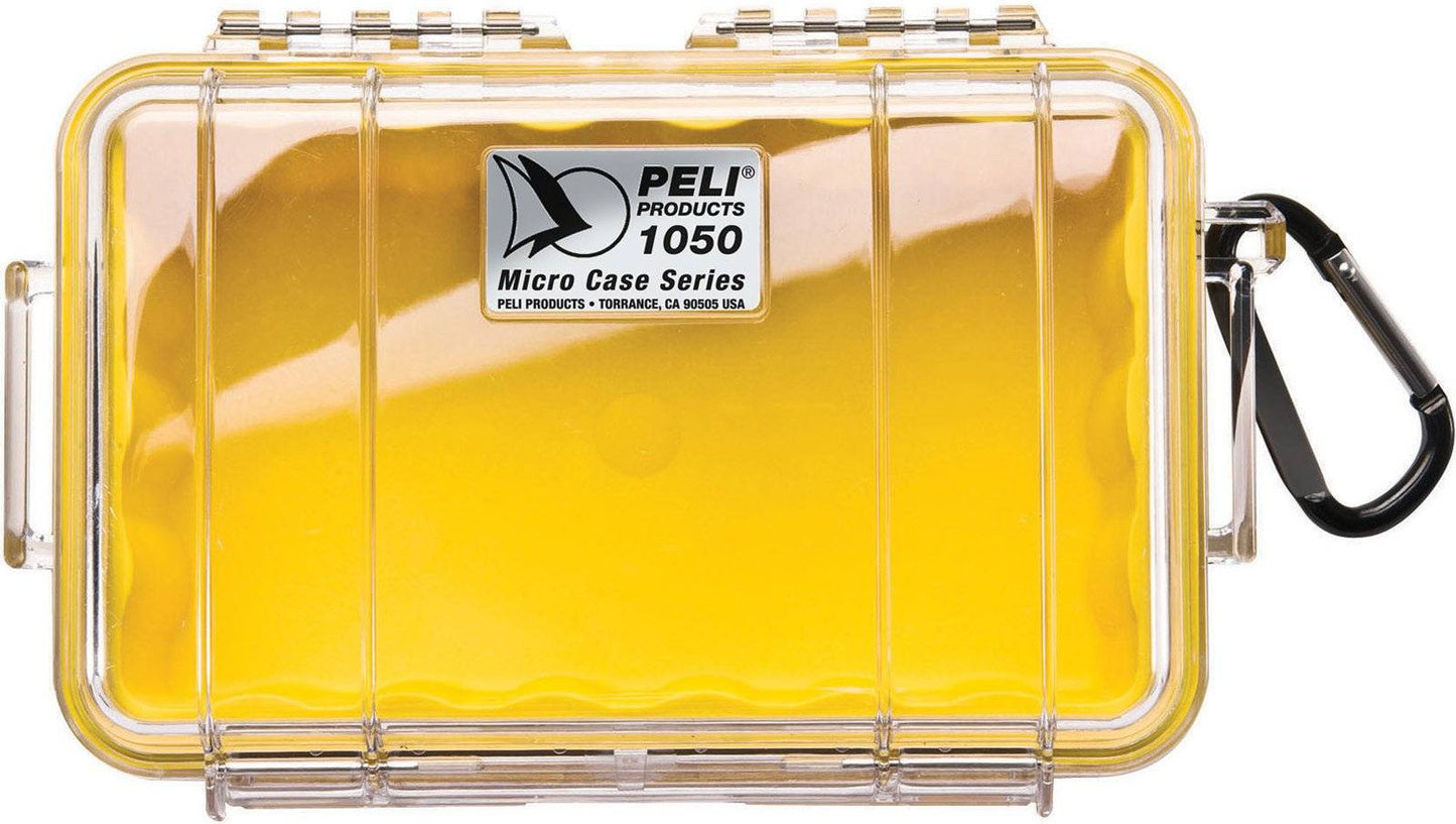 A yellow 1050 PELI Micro™ Case with a clear lid, top label, and a black carabiner on the side. This crushproof case keeps your valuables protected wherever you go.
