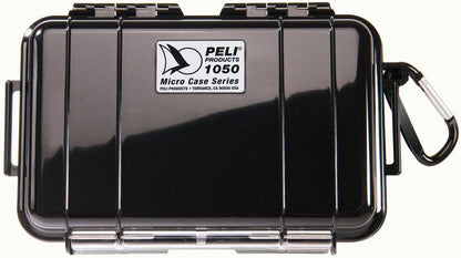The black 1050 PELI Micro™ Case is crushproof and watertight, featuring a hinged lid, secure latch, attached carabiner, and visible branding with model info on top.
