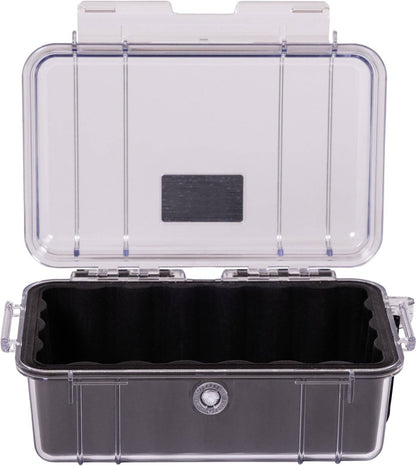 The 1050 PELI Micro™ Case is a clear, hard plastic crushproof case with a foam interior and hinged lid, shown open.