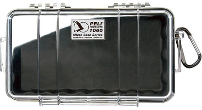 The 1060 PELI Micro™ Case is a clear, hard plastic case with a black interior, metal latch, and carabiner. Crushproof and secure, it keeps your valuables protected.