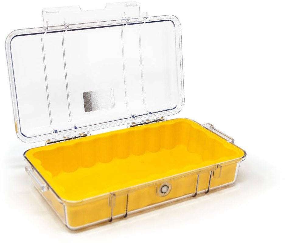 The 1060 PELI Micro™ Case is a clear, crushproof plastic case with a yellow interior and an open hinged lid, shown empty.