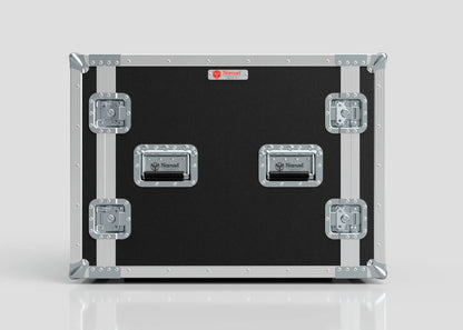 The 10U Foam Shock Mounted 19" Rack Case is a black, hard-sided case with silver edges, reinforced corners, and four latches. Labeled Nomad, it features a sturdy foam mount rack for secure transport and equipment protection.
