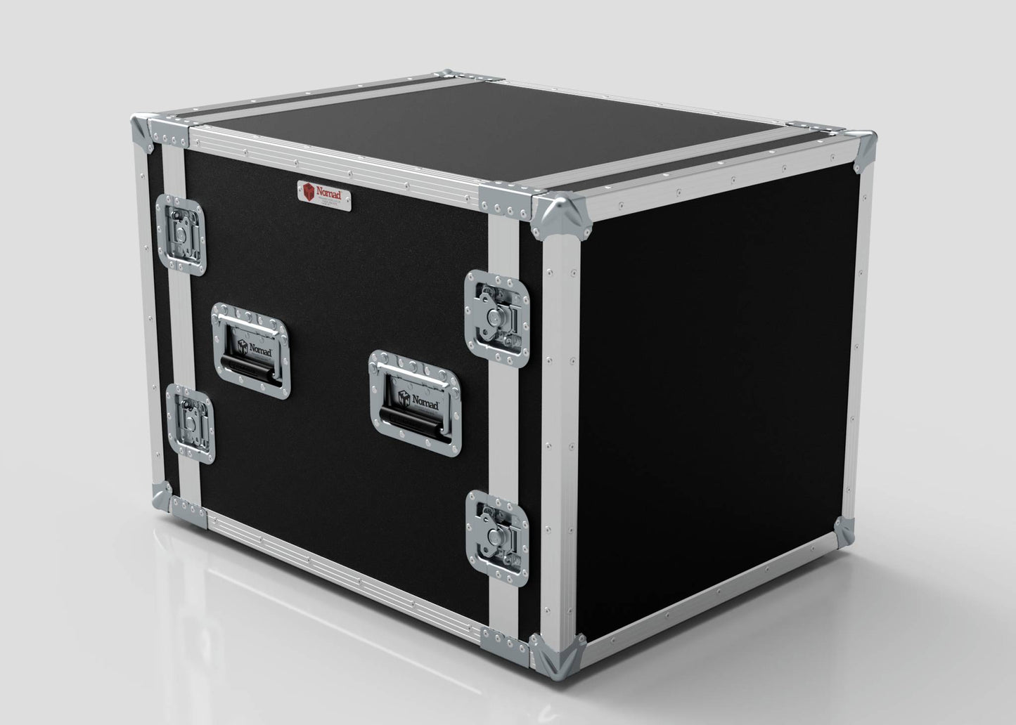 A 10U Foam Shock Mounted 19" Rack Case with metal edges, reinforced corners, and metal latches sits on a smooth, reflective surface against a plain background.