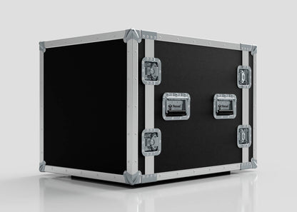 10U Foam Shock Mounted 19" Rack Case in black and silver with reinforced metal edges and four latches, shown on a plain light background.