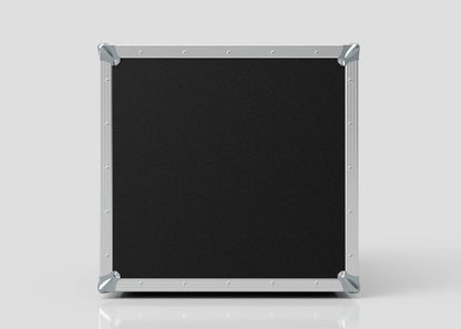 The 10U Foam Shock Mounted 19" Rack Case, featuring a black metal frame and reinforced corners, is displayed upright against a plain light gray background.