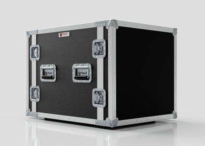 The 10U Foam Shock Mounted 19" Rack Case features a large black and silver design with metal reinforcements and latches, shown resting on a reflective surface against a plain background.
